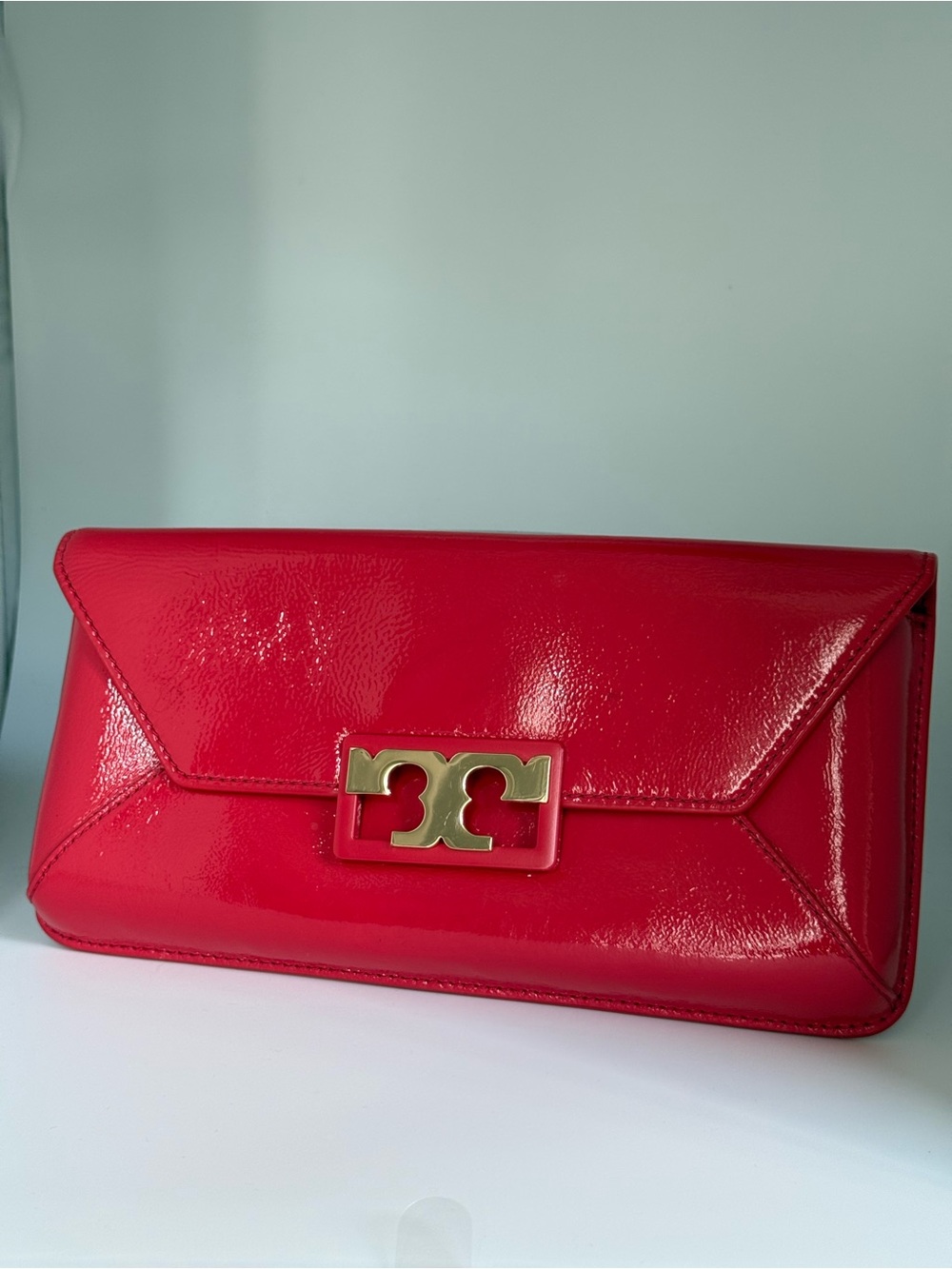 Red Patent Leather Envelope Clutch with Gold Hardware Tory Burch